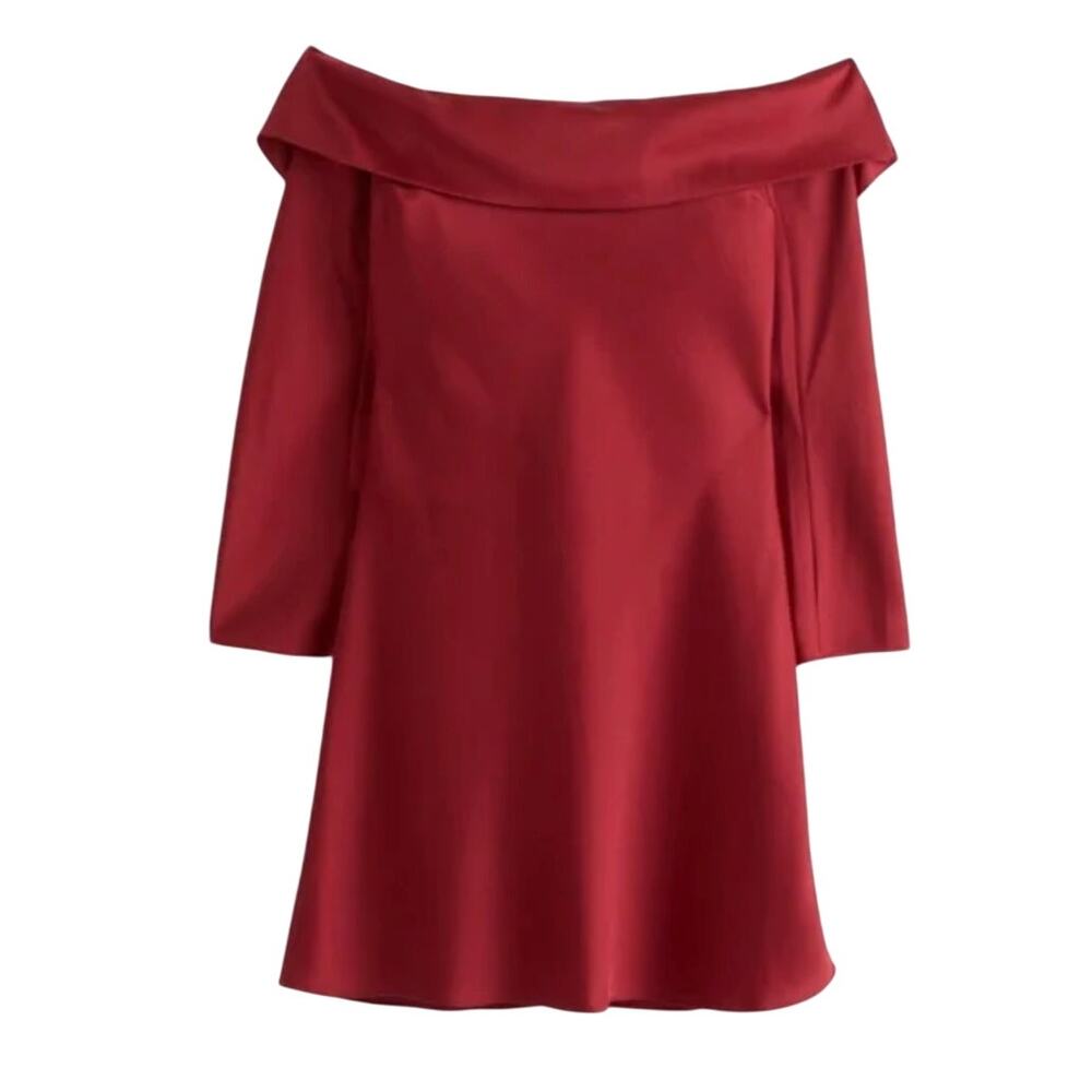 NWOT Abercrombie & Fitch Satin Off-Shoulder Mini Dress Red Long Sleeve Size XL